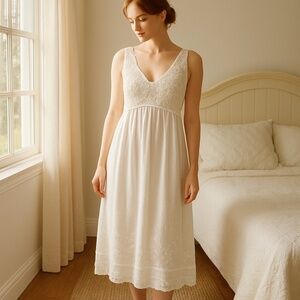 Victoriana White 100% Cotton Lace Empire Nightgown Cottagecore Slip Dress M